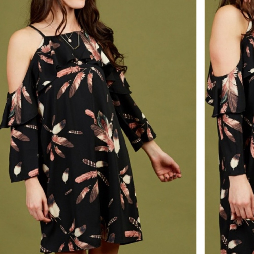 ODDY Boho Black Feather Cold Shoulder‎ Ruffle Dress Size Medium